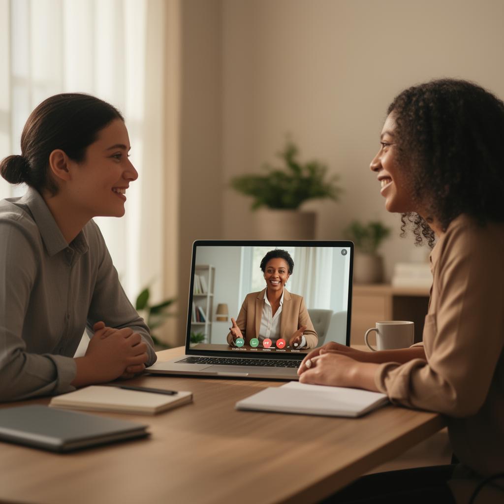 Two professionals in a mentoring video call sharing guidance and experience